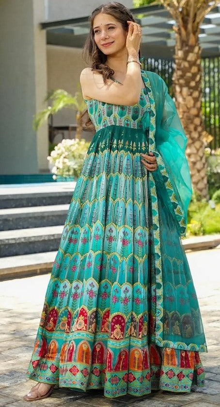 Striking Turquoise Color Silk Fabric Gown with Dupatta