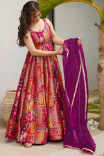 Striking Multi Color Silk Fabric Gown with Dupatta