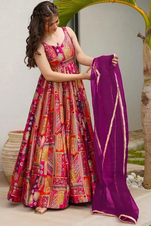Striking Multi Color Silk Fabric Gown with Dupatta