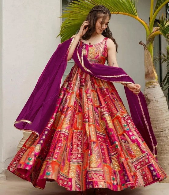 Striking Multi Color Silk Fabric Gown with Dupatta