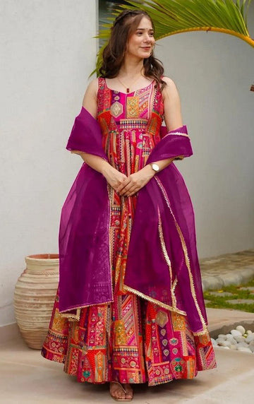 Striking Multi Color Silk Fabric Gown with Dupatta