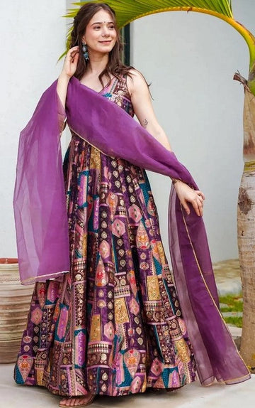 Striking Purple Color Silk Fabric Gown with Dupatta