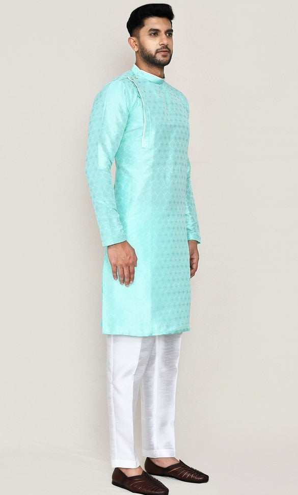 Amazing Aqua Color Jacquard Silk Fabric Kurta Pajama