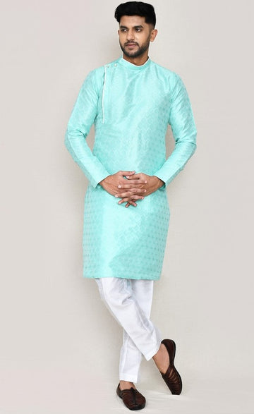 Amazing Aqua Color Jacquard Silk Fabric Kurta Pajama