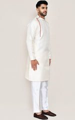 Amazing Cream Color Jacquard Silk Fabric Kurta Pajama