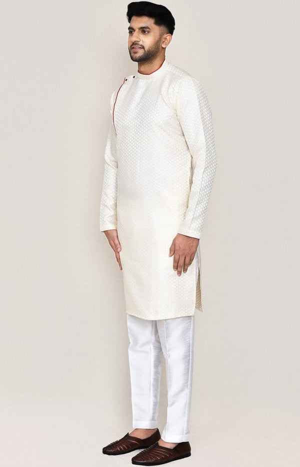 Amazing Cream Color Jacquard Silk Fabric Kurta Pajama