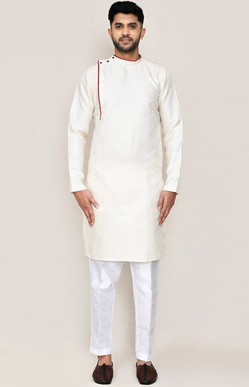 Amazing Cream Color Jacquard Silk Fabric Kurta Pajama