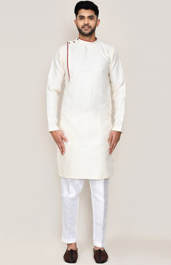 Amazing Cream Color Jacquard Silk Fabric Kurta Pajama