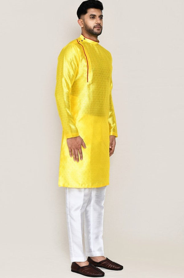 Amazing Yellow Color Jacquard Silk Fabric Kurta Pajama