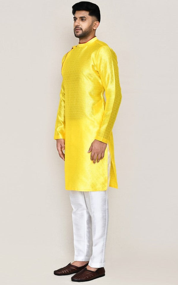 Amazing Yellow Color Jacquard Silk Fabric Kurta Pajama
