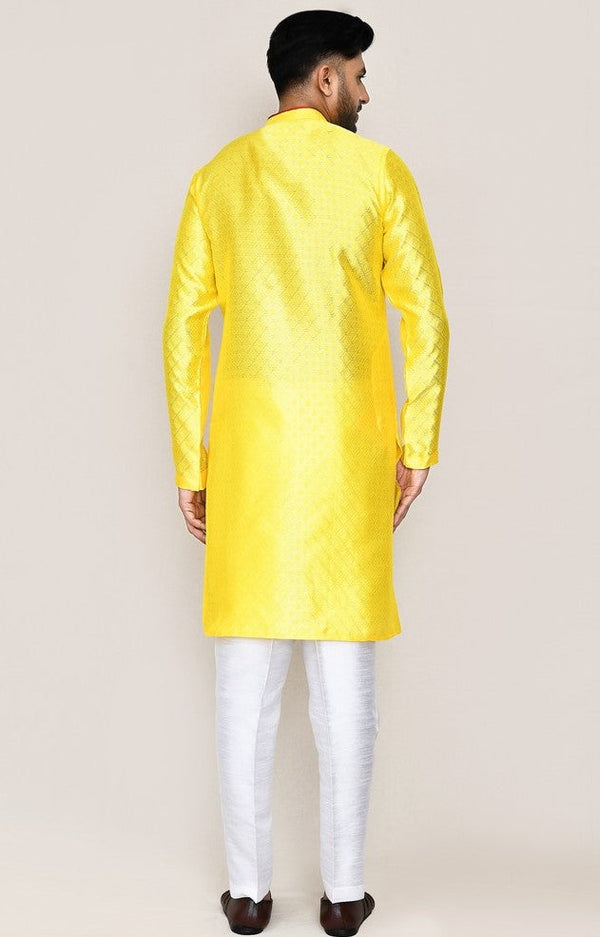 Amazing Yellow Color Jacquard Silk Fabric Kurta Pajama