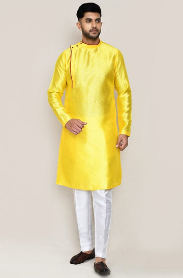 Amazing Yellow Color Jacquard Silk Fabric Kurta Pajama