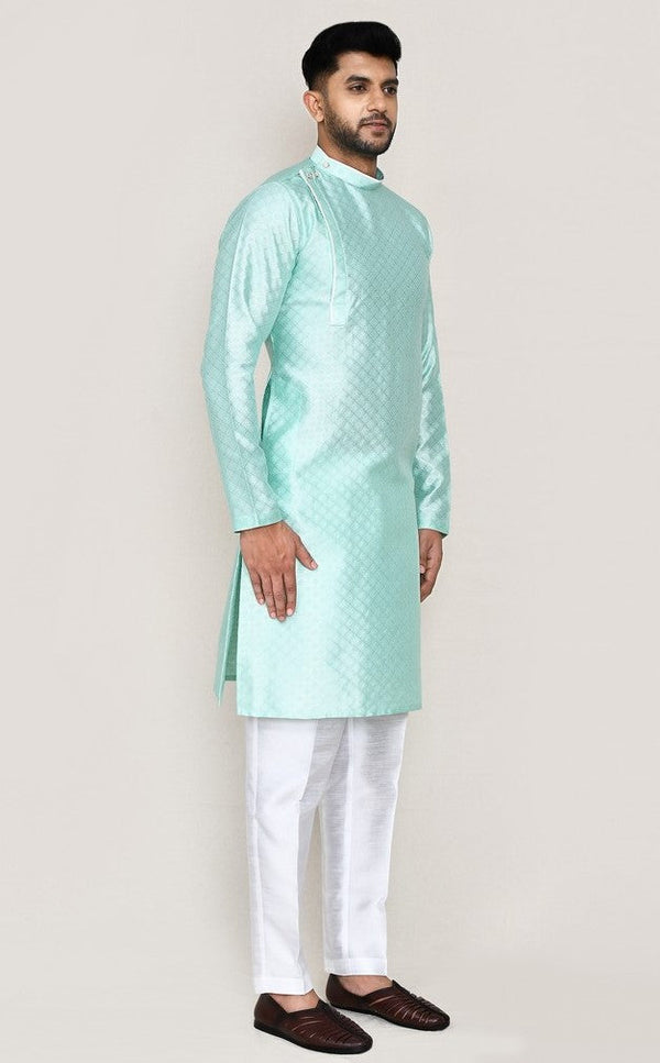 Amazing Aqua Color Jacquard Silk Fabric Kurta Pajama