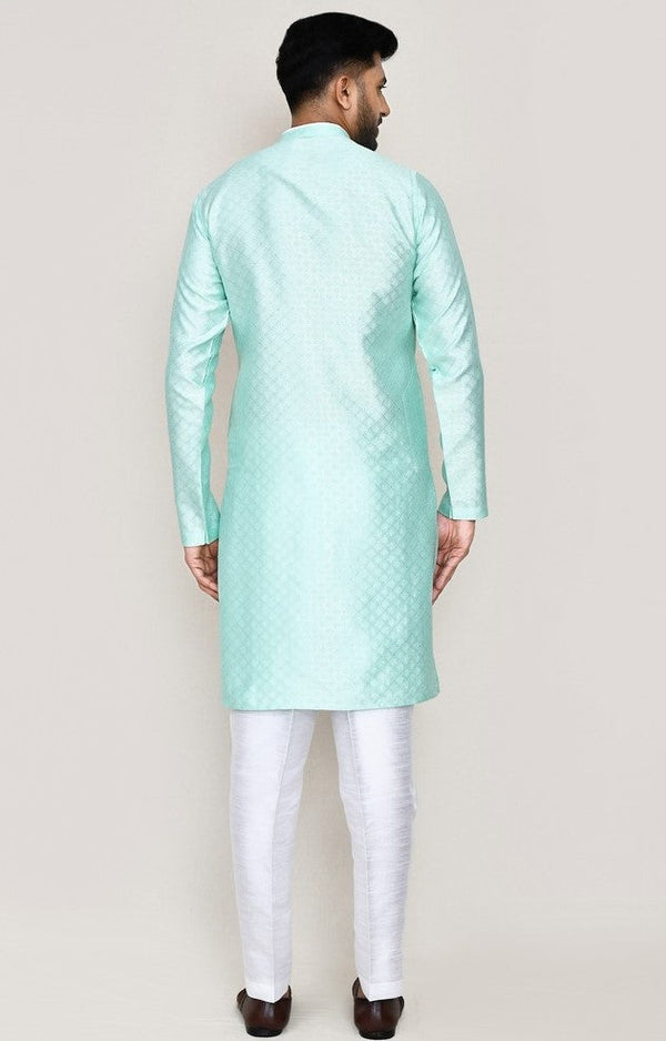 Amazing Aqua Color Jacquard Silk Fabric Kurta Pajama