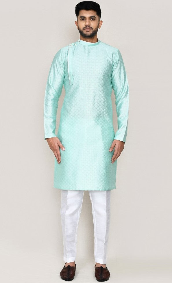 Amazing Aqua Color Jacquard Silk Fabric Kurta Pajama