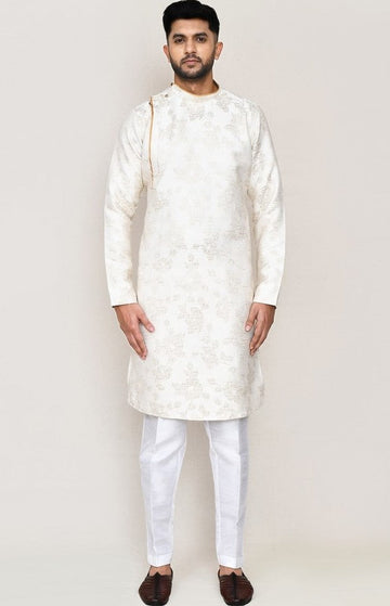 Amazing Cream Color Jacquard Fabric Kurta Pajama