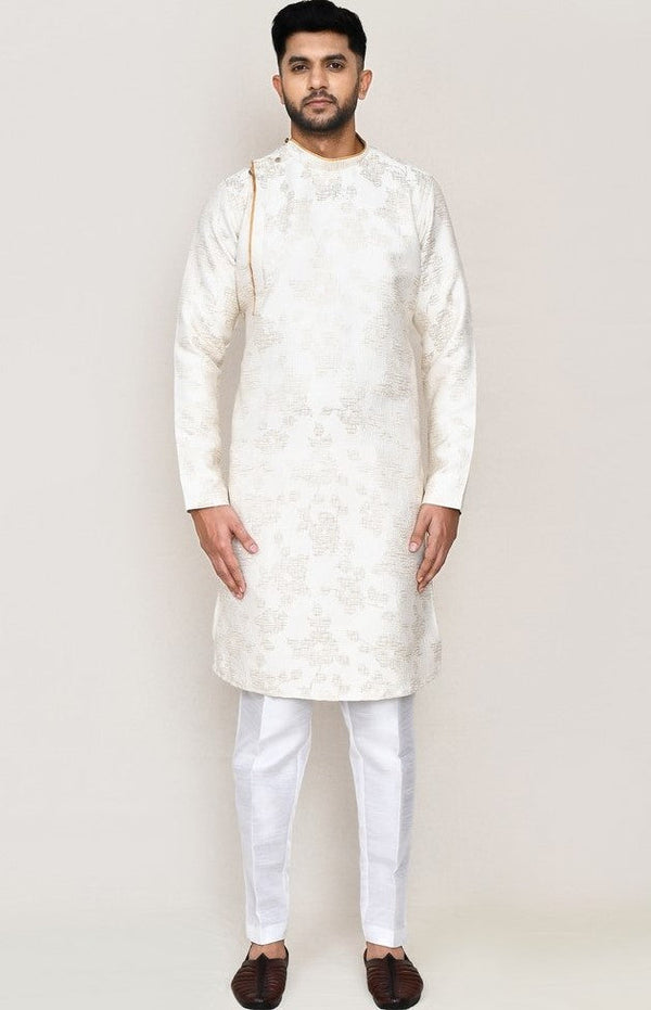 Amazing Cream Color Jacquard Fabric Kurta Pajama