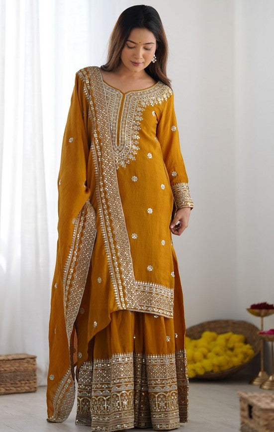 Dazzling Mustard Color Silk  Fabric Plazzo Suit