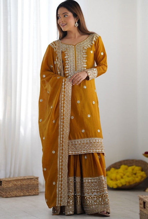 Dazzling Mustard Color Silk  Fabric Plazzo Suit