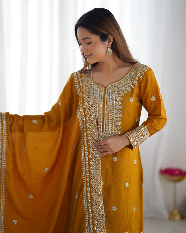 Dazzling Mustard Color Silk  Fabric Plazzo Suit