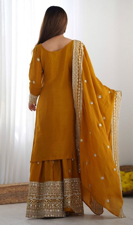 Dazzling Mustard Color Silk  Fabric Plazzo Suit