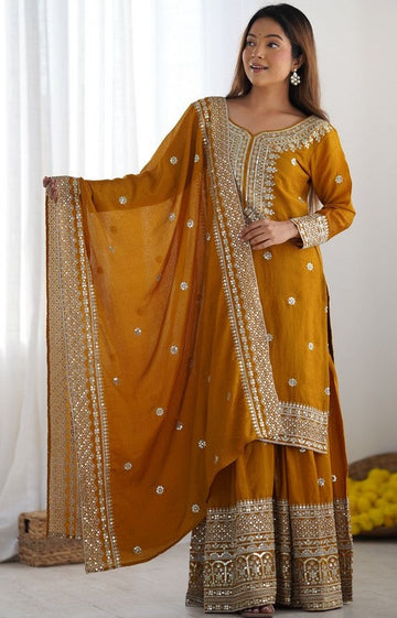 Dazzling Mustard Color Silk  Fabric Plazzo Suit