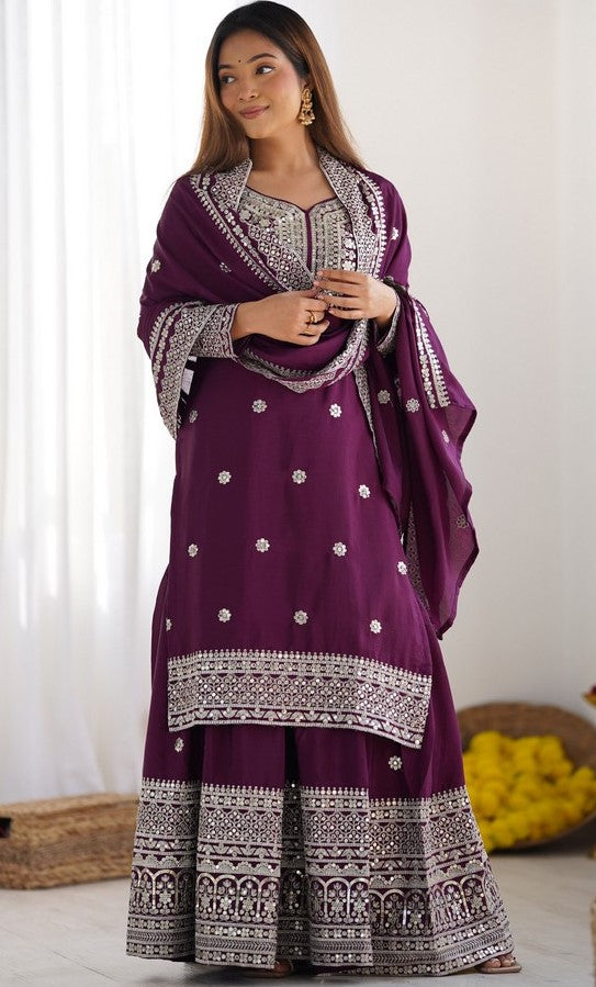 Dazzling Wine Color Silk  Fabric Plazzo Suit