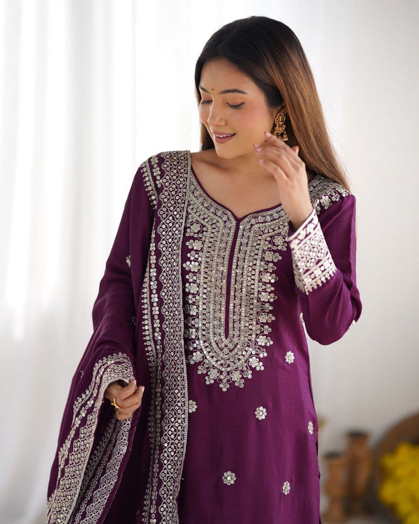 Dazzling Wine Color Silk  Fabric Plazzo Suit