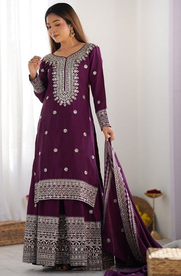 Dazzling Wine Color Silk  Fabric Plazzo Suit