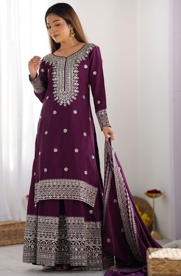 Dazzling Wine Color Silk  Fabric Plazzo Suit