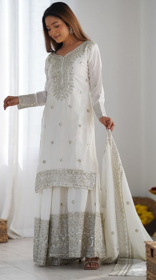 Dazzling White Color Silk  Fabric Plazzo Suit