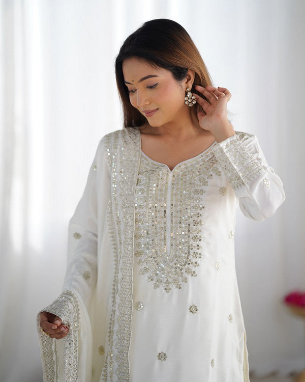 Dazzling White Color Silk  Fabric Plazzo Suit