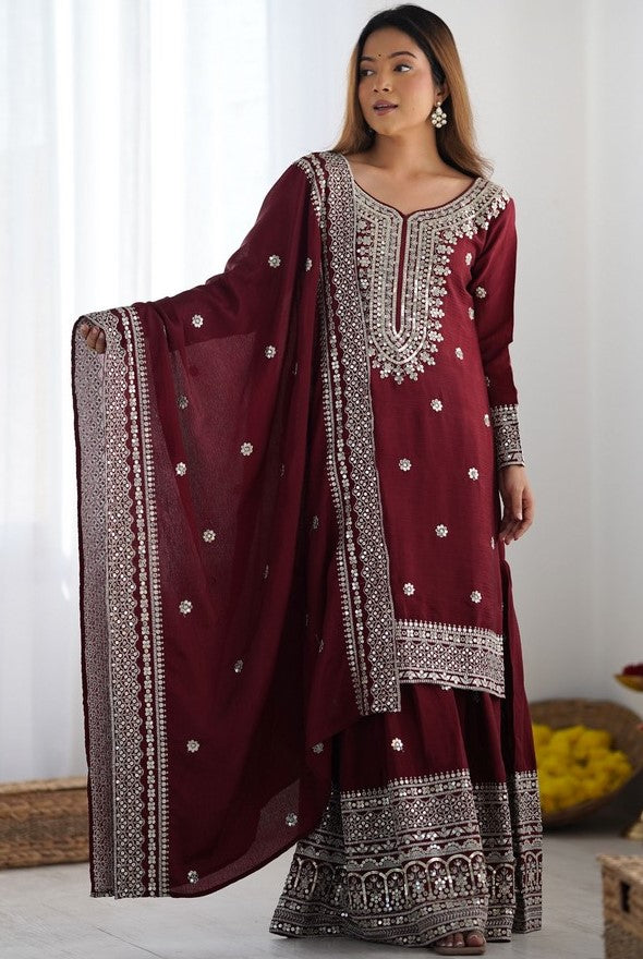 Dazzling Maroon Color Silk  Fabric Plazzo Suit