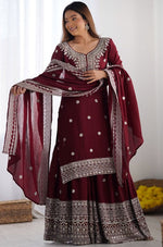 Dazzling Maroon Color Silk  Fabric Plazzo Suit