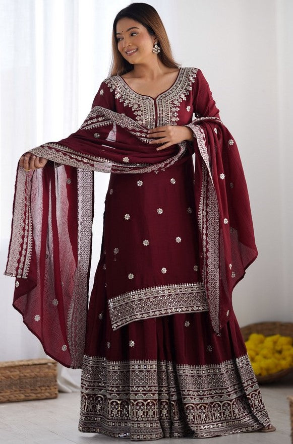 Dazzling Maroon Color Silk  Fabric Plazzo Suit