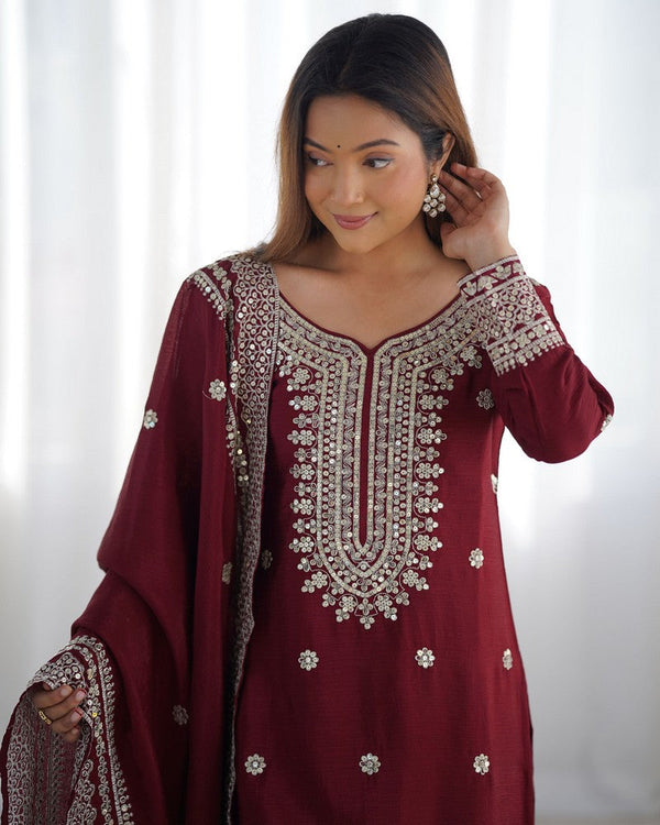 Dazzling Maroon Color Silk  Fabric Plazzo Suit