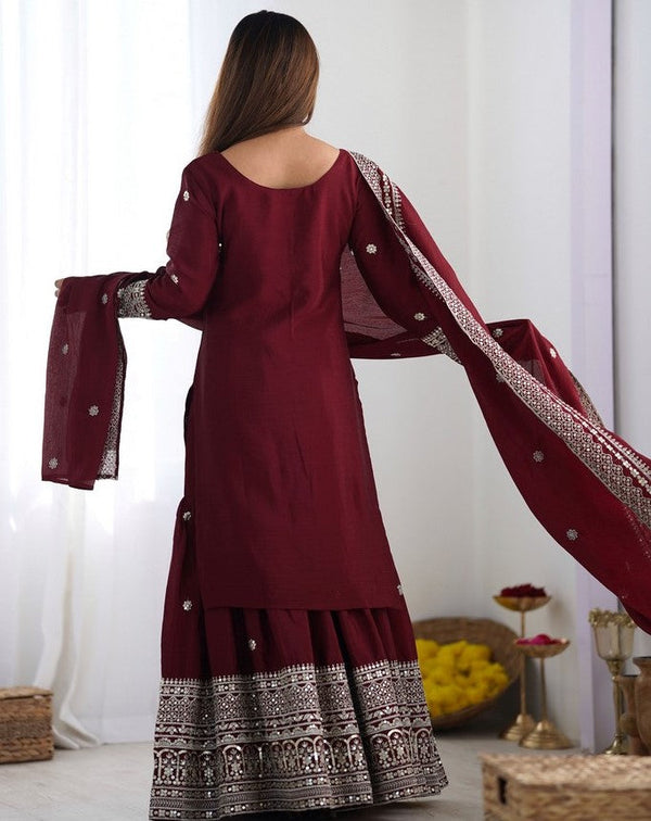 Dazzling Maroon Color Silk  Fabric Plazzo Suit