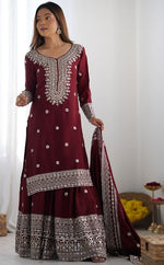 Dazzling Maroon Color Silk  Fabric Plazzo Suit