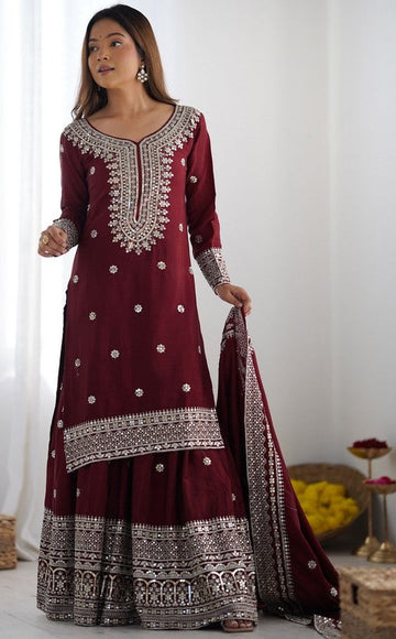 Dazzling Maroon Color Silk  Fabric Plazzo Suit