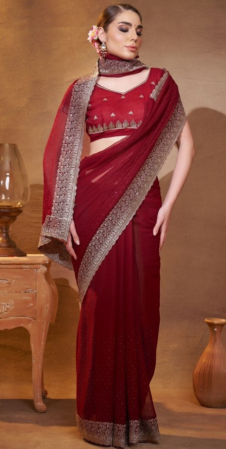 Elegant Maroon Color Chiffon Fabric Partywear Saree