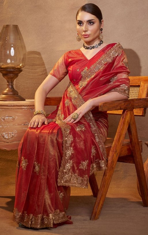 Elegant Maroon Color Organza Fabric Partywear Saree