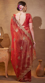 Elegant Maroon Color Organza Fabric Partywear Saree