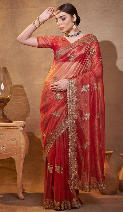 Elegant Maroon Color Organza Fabric Partywear Saree