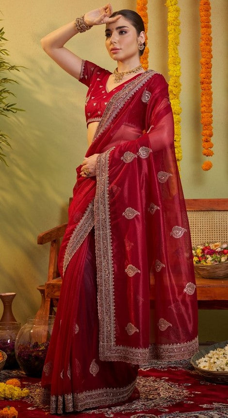 Elegant Maroon Color Organza Fabric Partywear Saree