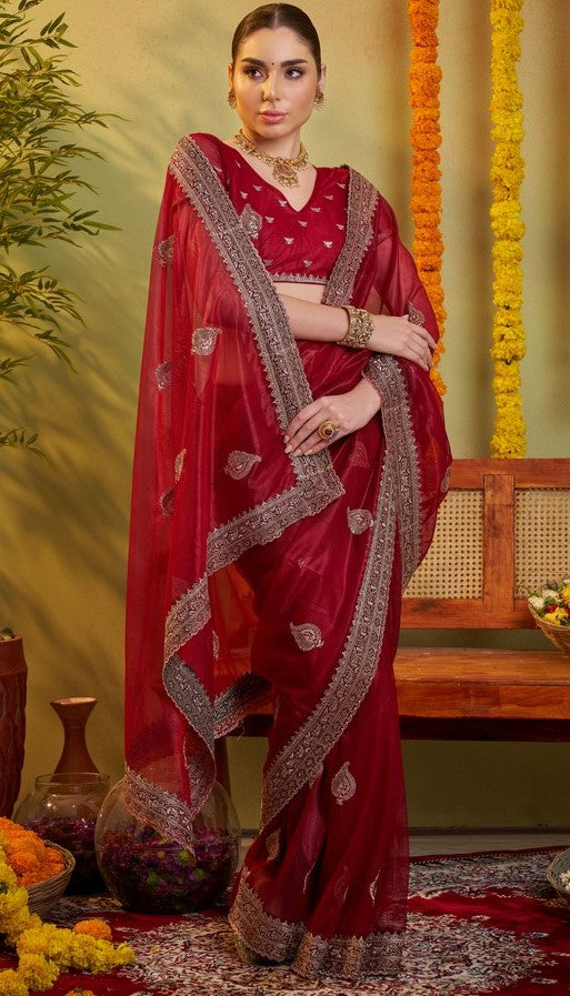 Elegant Maroon Color Organza Fabric Partywear Saree