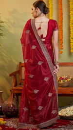 Elegant Maroon Color Organza Fabric Partywear Saree