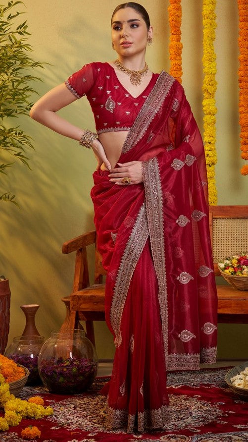 Elegant Maroon Color Organza Fabric Partywear Saree