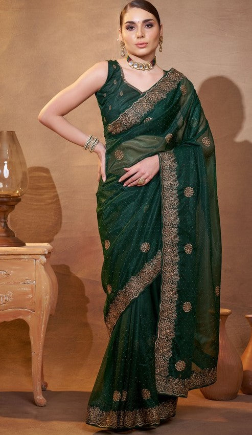 Elegant Green Color Organza Fabric Partywear Saree