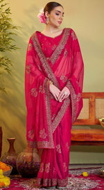 Elegant Pink Color Organza Fabric Partywear Saree