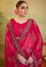 Elegant Pink Color Organza Fabric Partywear Saree